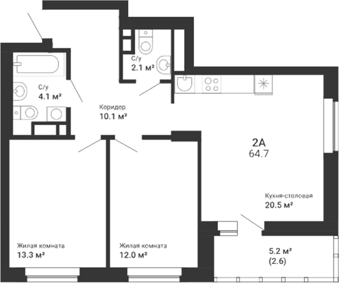 Планировка 3Е-к.кв, 64,7 м² в ЖК Южный сад
